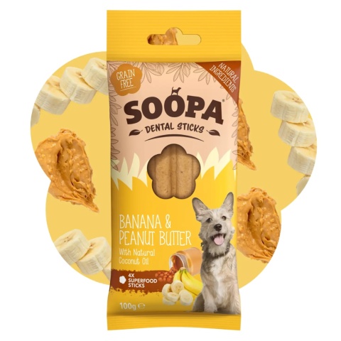 Soopa Banana & Peanut Butter Dental Sticks - wege gryzaki dentystyczne dla psa - BANAN i MASŁO ORZECHOWE 100 g