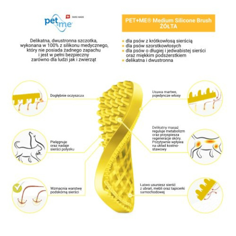 Pet+Me Medium Silicone Brush Yellow - szczotka silikonowa dla psa, sierść krótka lub szorstkiwłos