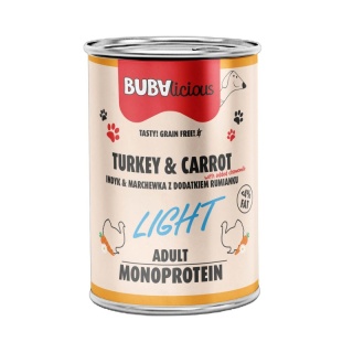 BUBAlicious Light – Karma mokra dla psa z indykiem i marchewką z dodatkiem rumianku (400 g)