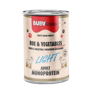 BUBAlicious Light – karma mokra dla psa z sarną i warzywami z dodatkiem kozieradki – 400g