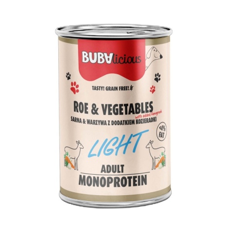 BUBAlicious Light – karma mokra dla psa z sarną i warzywami z dodatkiem kozieradki – 400g BUBAlicious Light – karma mokra dla psa z sarną i warzywami z dodatkiem kozieradki – 400g