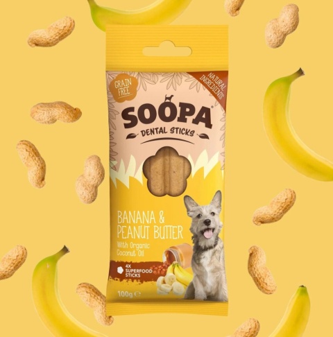 Soopa Banana & Peanut Butter Dental Sticks - wege gryzaki dentystyczne dla psa - BANAN i MASŁO ORZECHOWE 100 g Soopa Banana & Peanut Butter Dental Sticks - wege gryzaki dentystyczne dla psa - BANAN i MASŁO ORZECHOWE 100 g