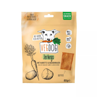 VEGDOG JERKEYS – wegańskie przysmaki dla psa z marchewką i aromatem dymu bukowego – 80 g