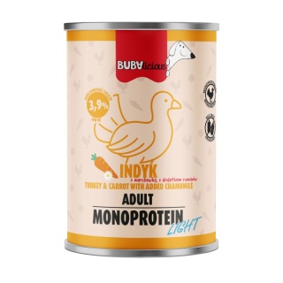 BUBAlicious Light – Karma mokra dla psa z indykiem i marchewką z dodatkiem rumianku (400 g)