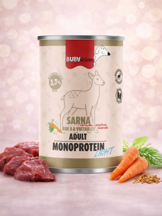 BUBAlicious Light – karma mokra dla psa z sarną i warzywami z dodatkiem kozieradki – 400g