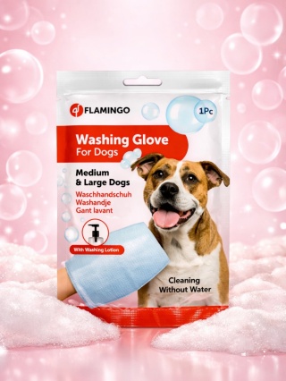 Flamingo Washing Glove Dog - nasączona balsamem rękawica do mycia psa, bez użycia wody - L