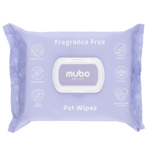 Mubo Fragrance Free Pet Wipes 100szt. - bezzapachowe chusteczki z aloesem dla psa i kota, 15x30cm