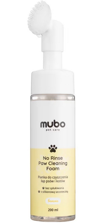 🍌 Mubo No Rinse Paw Cleaning Foam Banana 200 ml to wegańska pianka do czyszczenia łap psów i kotów, która usuwa brud i zapachy bez użycia wody. Zawiera aloes, glicerynę i ekstrakt z owsa, które łagodzą i nawilżają skórę. Ma zrównoważone pH i słodki zapach