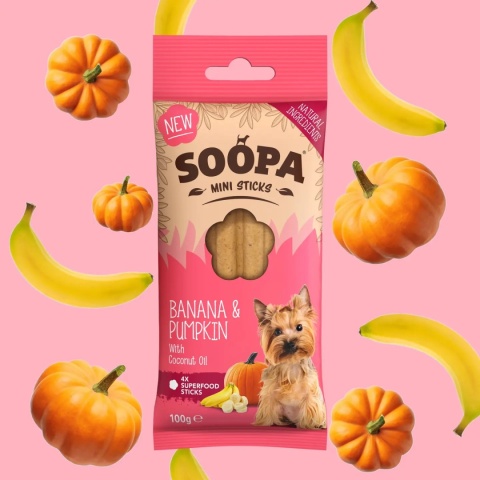 Soopa Mini Breed – wegetariańskie przysmaki dentystyczne dla małych psów – banan i dynia (8 szt.)