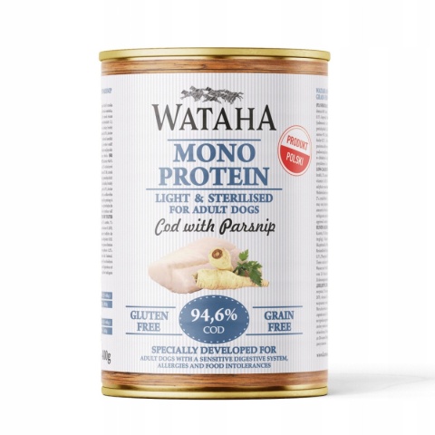 WATAHA MONO PROTEIN LIGHT & STERILISED ADULT DOG 94,6% DORSZ Z PASTERNAKIEM - karma mokra dla psa - 400G