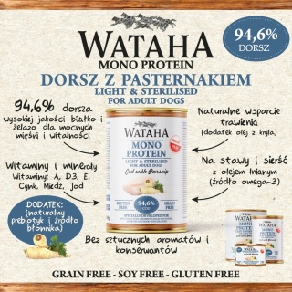 WATAHA MONO PROTEIN LIGHT & STERILISED ADULT DOG 94,6% DORSZ Z PASTERNAKIEM - karma mokra dla psa - 400G